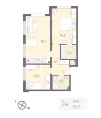 МЖК «Пулково Lake», планировка 2-комнатной квартиры, 56.30 м²