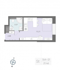 ЖК «Цивилизация на Неве», планировка студии, 21.46 м²