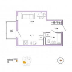 ЖК «Янила», планировка 1-комнатной квартиры, 27.70 м²