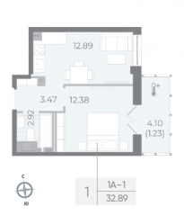 ЖК «Neva Residence», планировка 1-комнатной квартиры, 32.80 м²