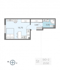 ЖК «ЛСР. Ржевский парк», планировка студии, 23.50 м²