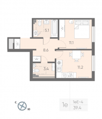МЖК «Пулково Lake», планировка 1-комнатной квартиры, 39.40 м²