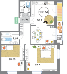 ЖК «Modum», планировка 2-комнатной квартиры, 108.54 м²