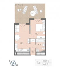 МЖК «Пулково Lake», планировка 1-комнатной квартиры, 44.50 м²