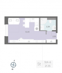 ЖК «Цивилизация на Неве», планировка студии, 21.35 м²