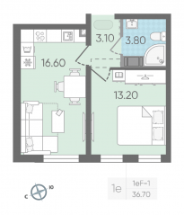 ЖК «Октябрьская набережная», планировка 1-комнатной квартиры, 36.70 м²
