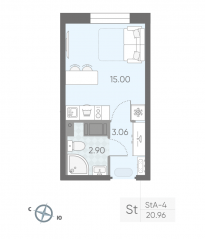 ЖК «Ручьи», планировка студии, 20.40 м²