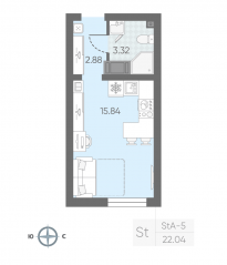 ЖК «Морская миля», планировка студии, 21.72 м²