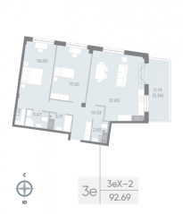ЖК «Neva Residence», планировка 2-комнатной квартиры, 93.10 м²