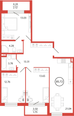 ЖК «Энфилд», планировка 3-комнатной квартиры, 85.72 м²