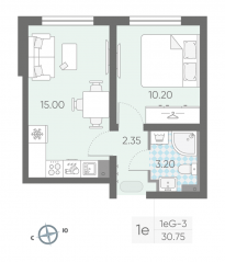 ЖК «Ручьи», планировка 1-комнатной квартиры, 30.60 м²