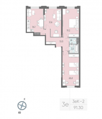 ЖК «Цивилизация на Неве», планировка 3-комнатной квартиры, 90.30 м²