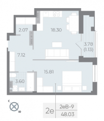 ЖК «Neva Residence», планировка 1-комнатной квартиры, 49.30 м²