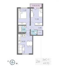 ЖК «ЛСР. Ржевский парк», планировка 2-комнатной квартиры, 49.70 м²