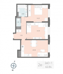 ЖК «Цивилизация на Неве», планировка 2-комнатной квартиры, 62.84 м²