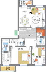 ЖК «Modum», планировка 2-комнатной квартиры, 104.97 м²