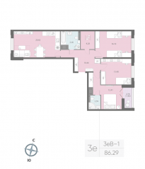 ЖК «Цивилизация на Неве», планировка 3-комнатной квартиры, 86.29 м²