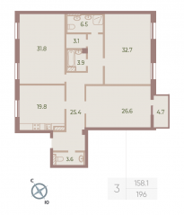 ЖК «Neva Haus», планировка 3-комнатной квартиры, 155.80 м²