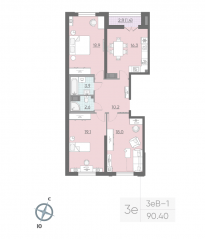 ЖК «Цивилизация на Неве», планировка 3-комнатной квартиры, 89.40 м²