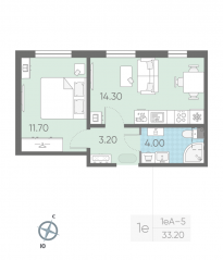 ЖК «ЛСР. Ржевский парк», планировка 1-комнатной квартиры, 33.20 м²