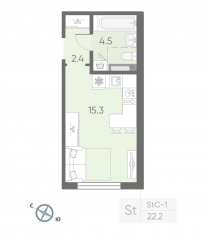 МЖК «Пулково Lake», планировка студии, 22.20 м²