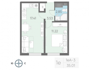 ЖК «Морская миля», планировка 1-комнатной квартиры, 35.01 м²