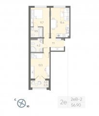 МЖК «Пулково Lake», планировка 2-комнатной квартиры, 56.90 м²