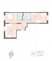 ЖК «Цивилизация на Неве», планировка 2-комнатной квартиры, 67.68 м²